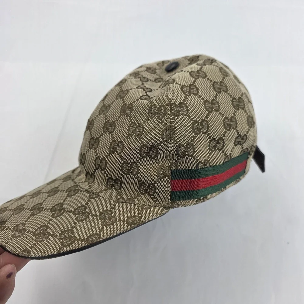 Gucci Hat Cap Strap Back Beige GG Monogram Web Stripe Mens Large Italy
